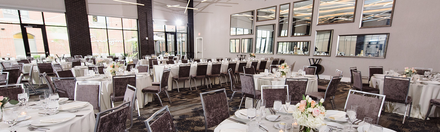 Wedding reception ballroom with tables